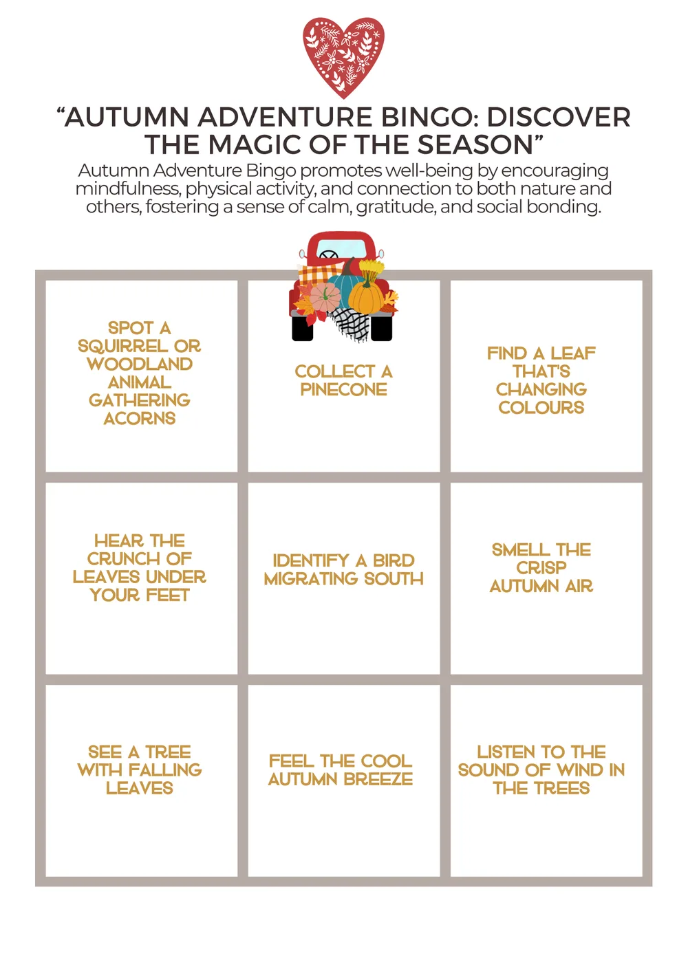 The first page of Autumn Adventure Bingo