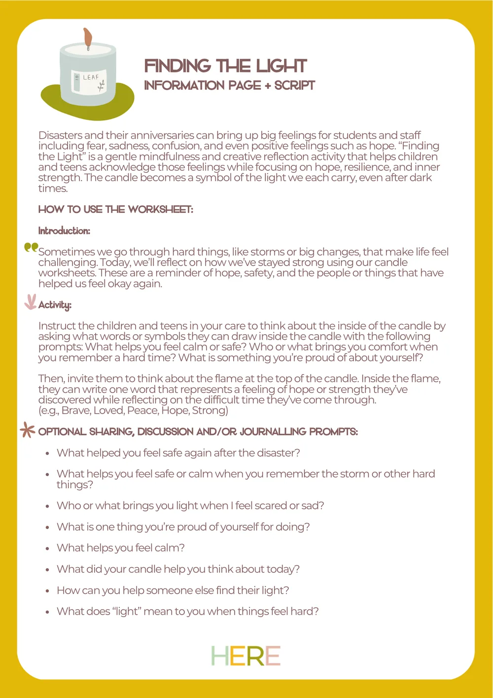 The first page of Finding The Light Mindful Activity