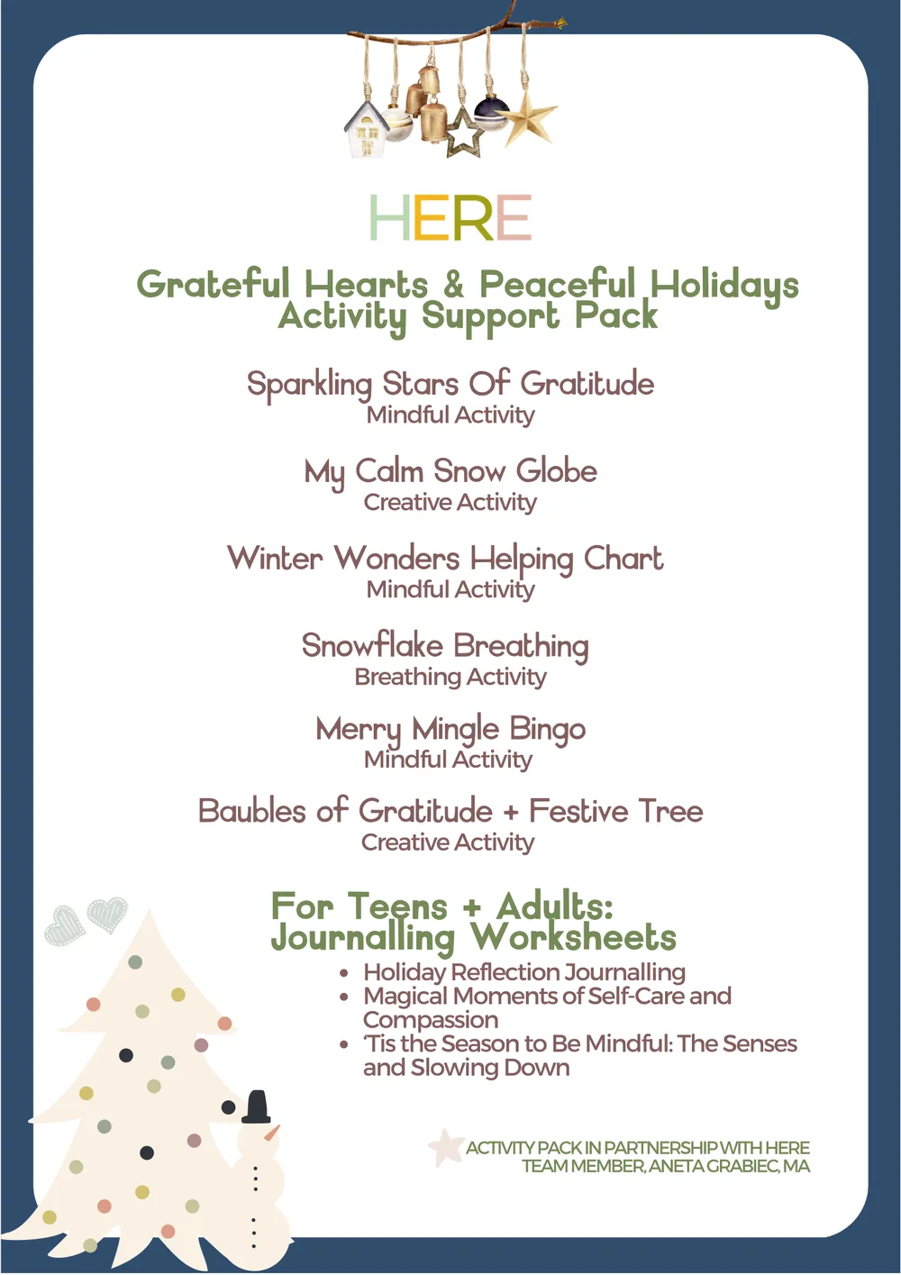 The first page of Grateful Hearts & Peaceful Holidays