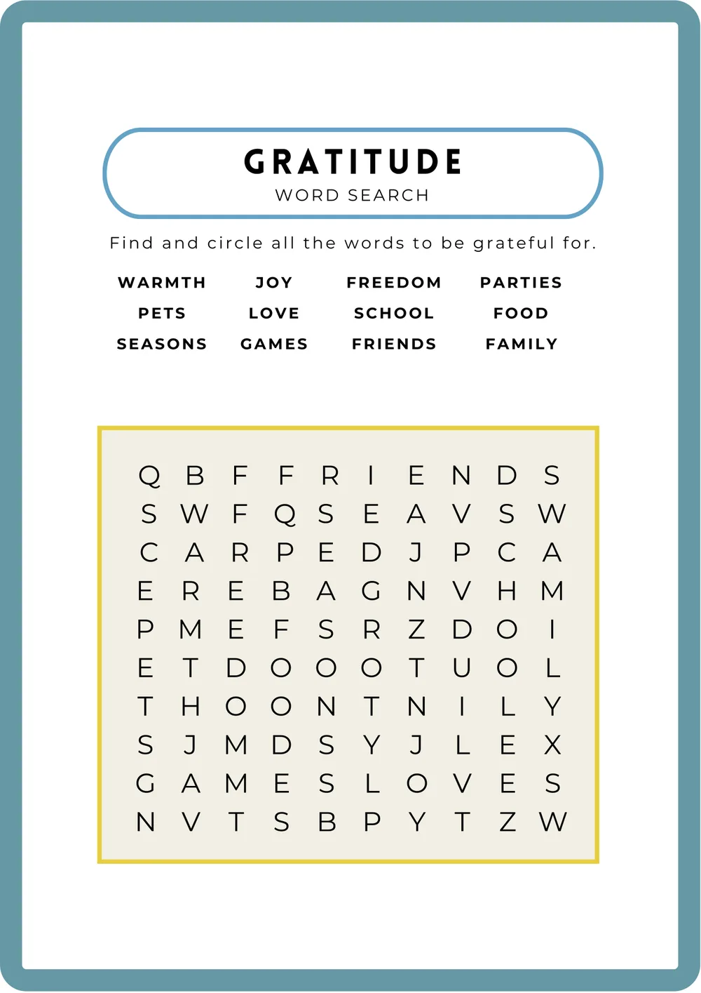The first page of Gratitude Word Search