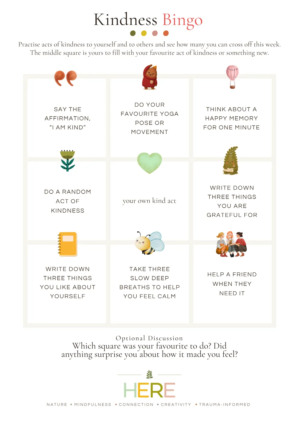 The first page of Kindness Bingo