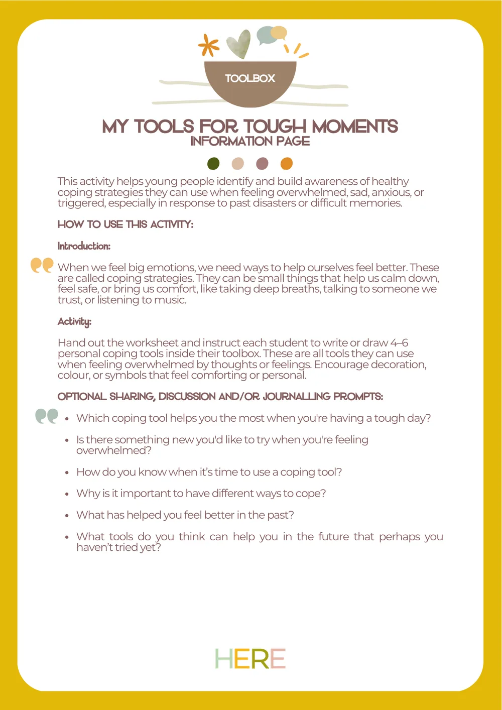 The first page of My Tools For Tough Moments