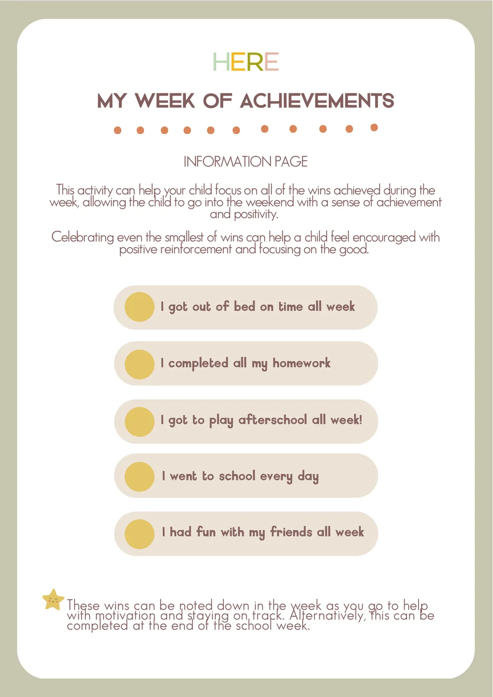 The first page of My Week Of Achievements