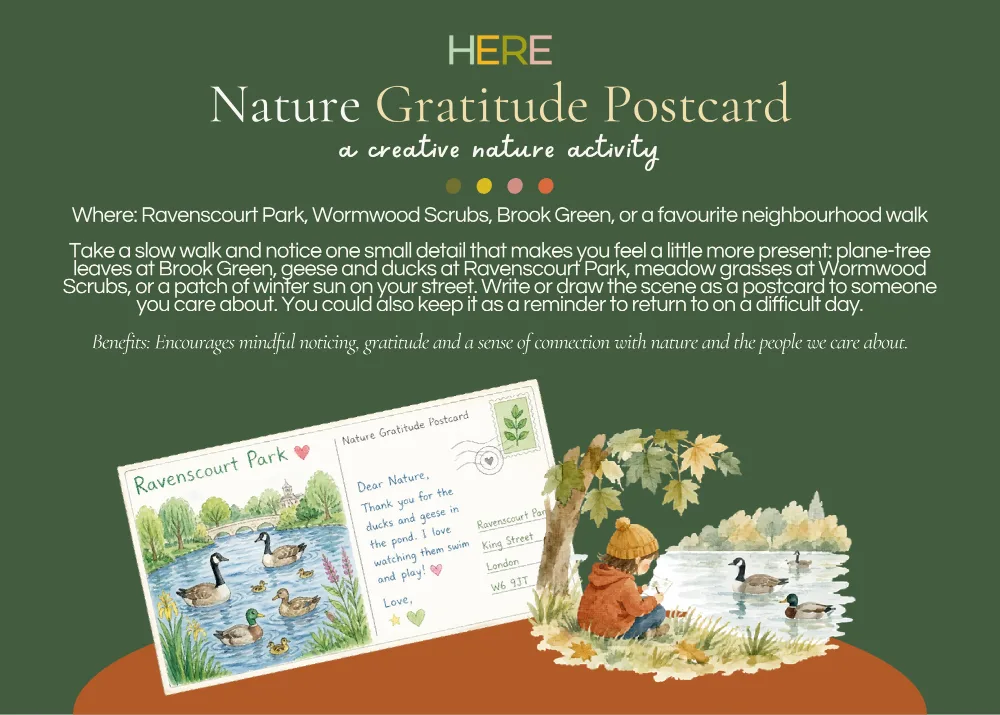The first page of Nature Gratitude Postcard, Hammersmith & Fulham Parks