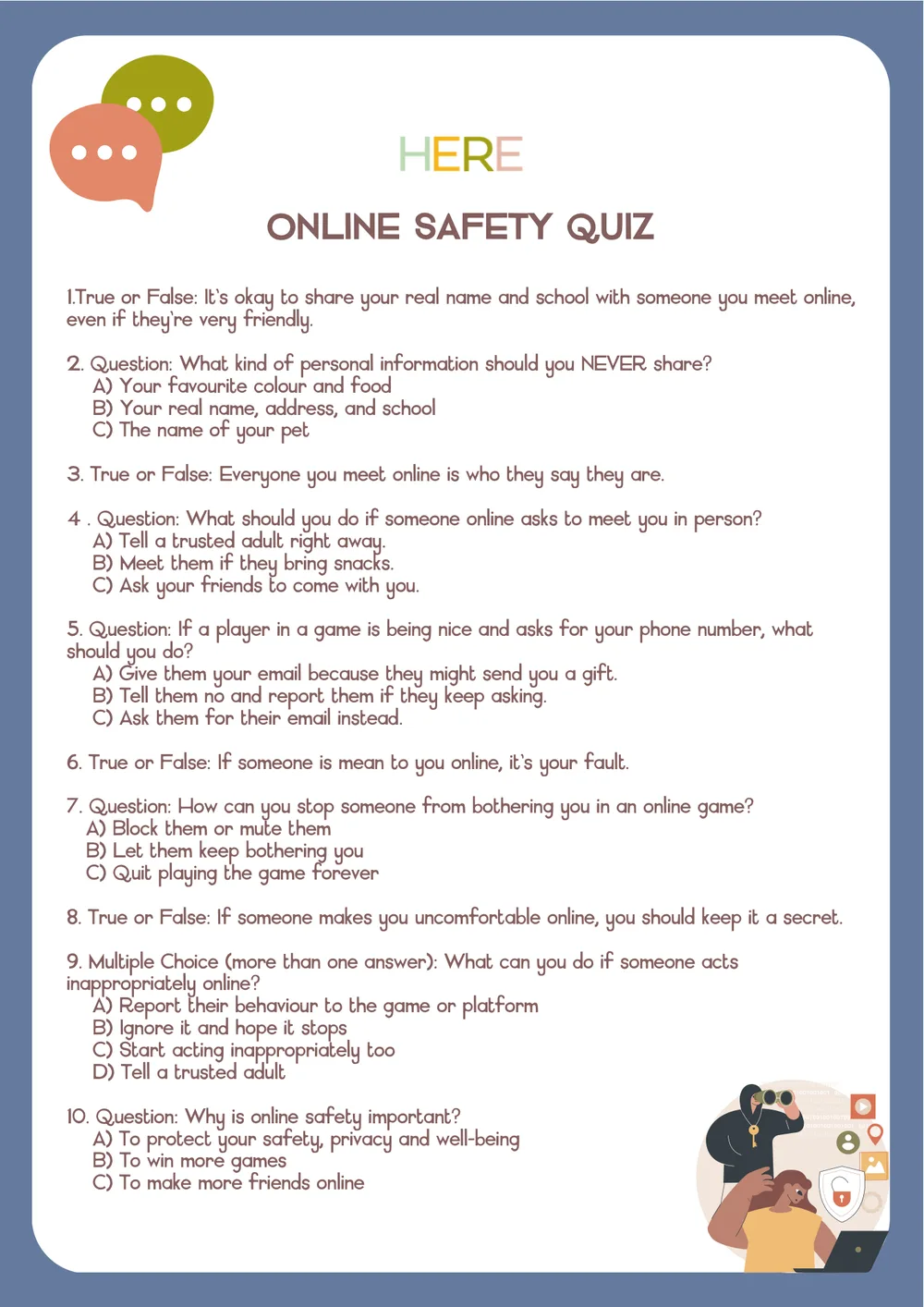 The first page of Online Safety Quiz