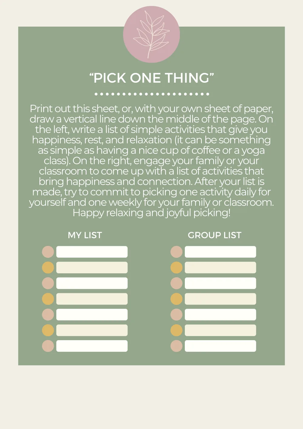 The first page of Pick One Thing
