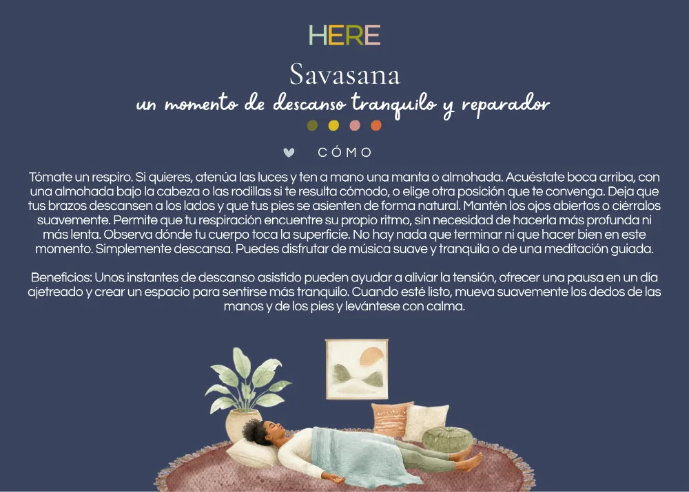 The first page of Savasana: Un momento de descanso tranquilo y reparador