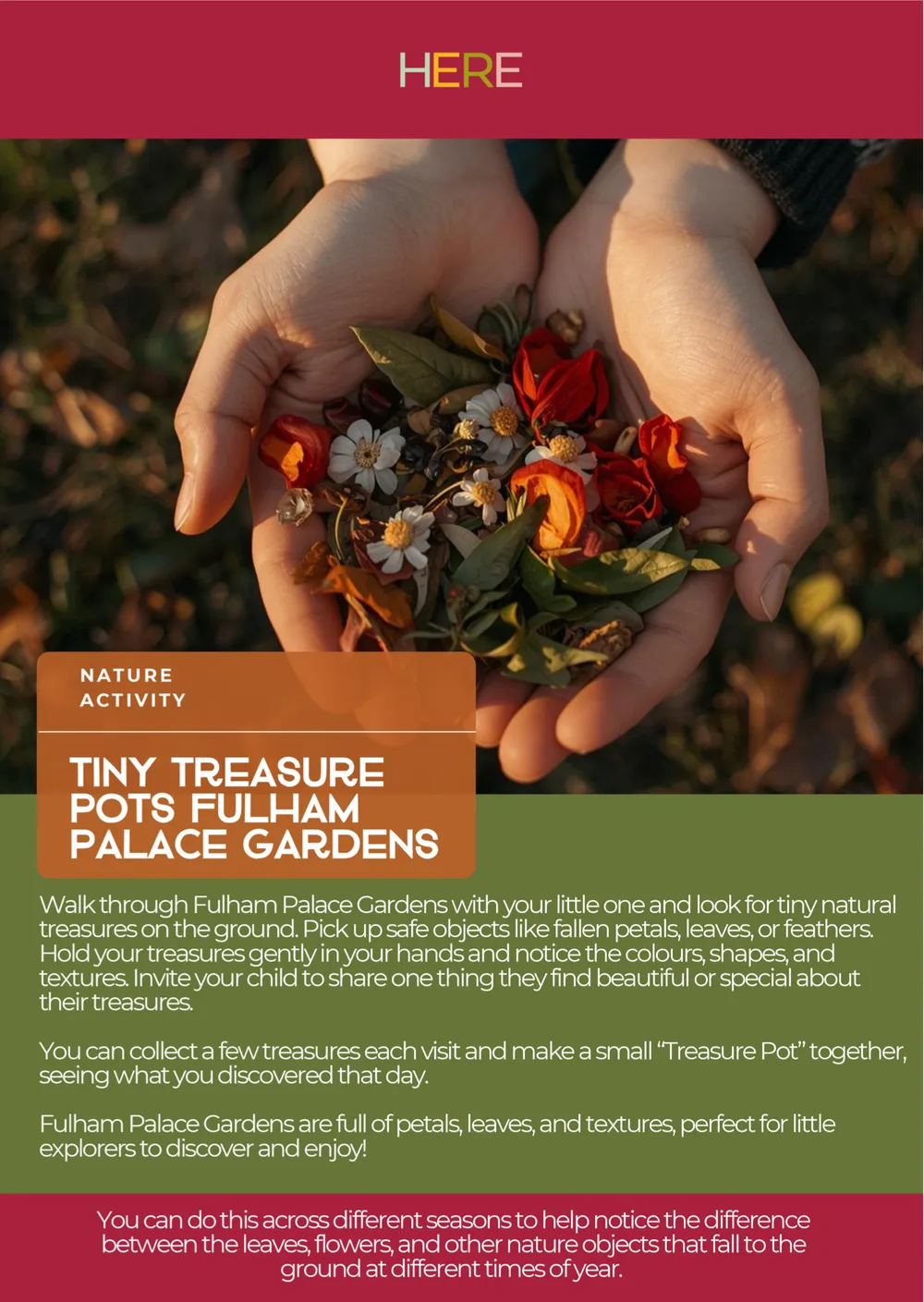 The first page of Tiny Treasure Pots, Fulham Palace Gardens