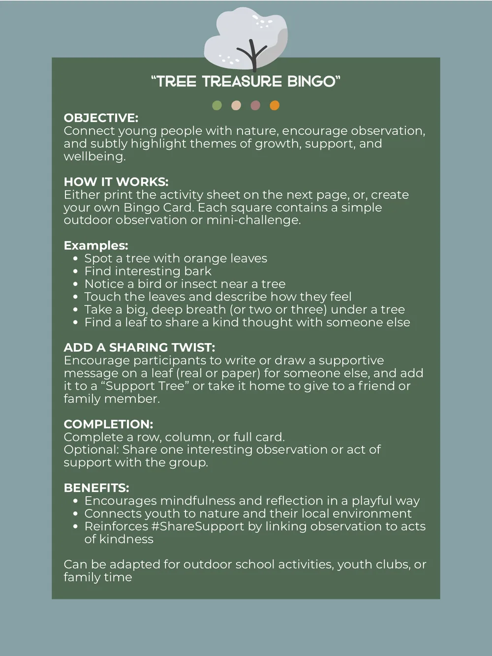 The first page of Tree Treasure Bingo